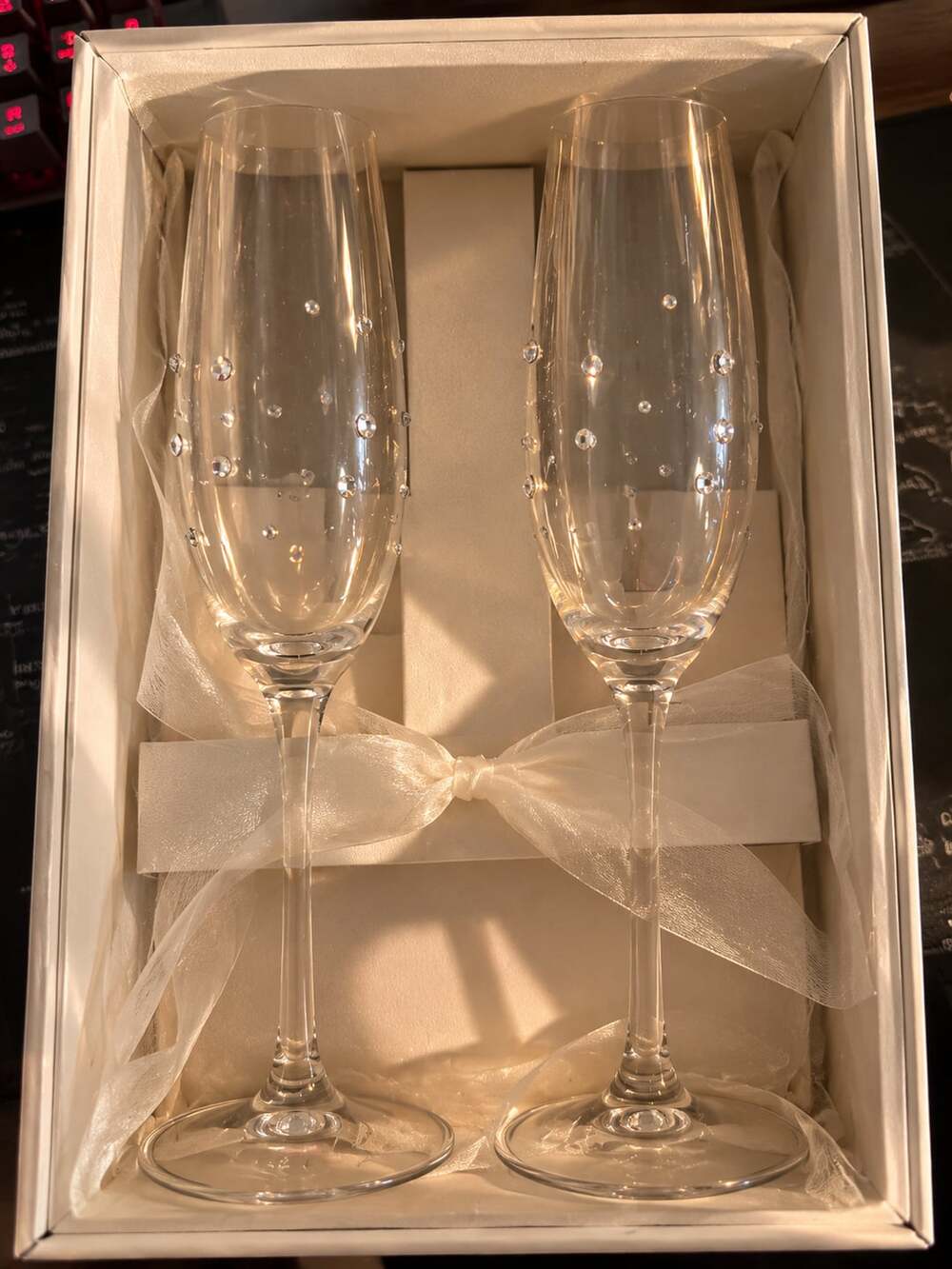 Unbranded His and Hers Wedding Toasting Flutes with Rhinestones and Ribbon Boxed